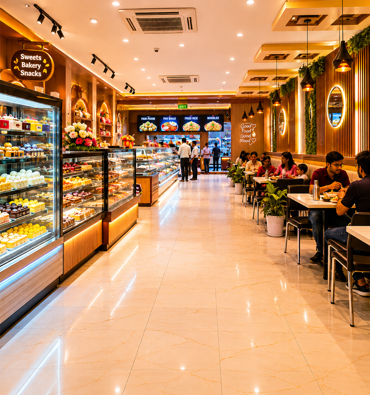 Modern food court interior at M. Mangilal Sweets